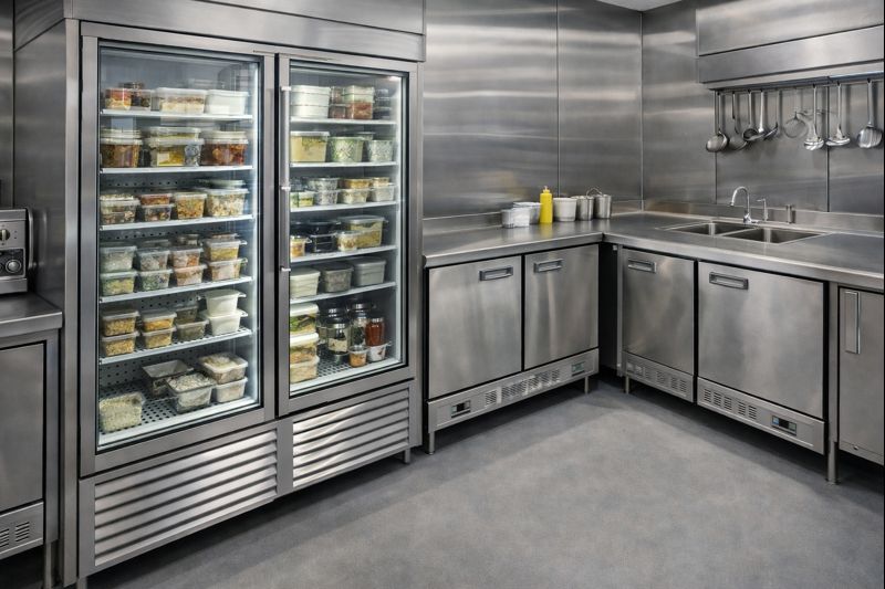 Equipamiento gastronómico con mesadas de acero inoxidable y zona de preparación